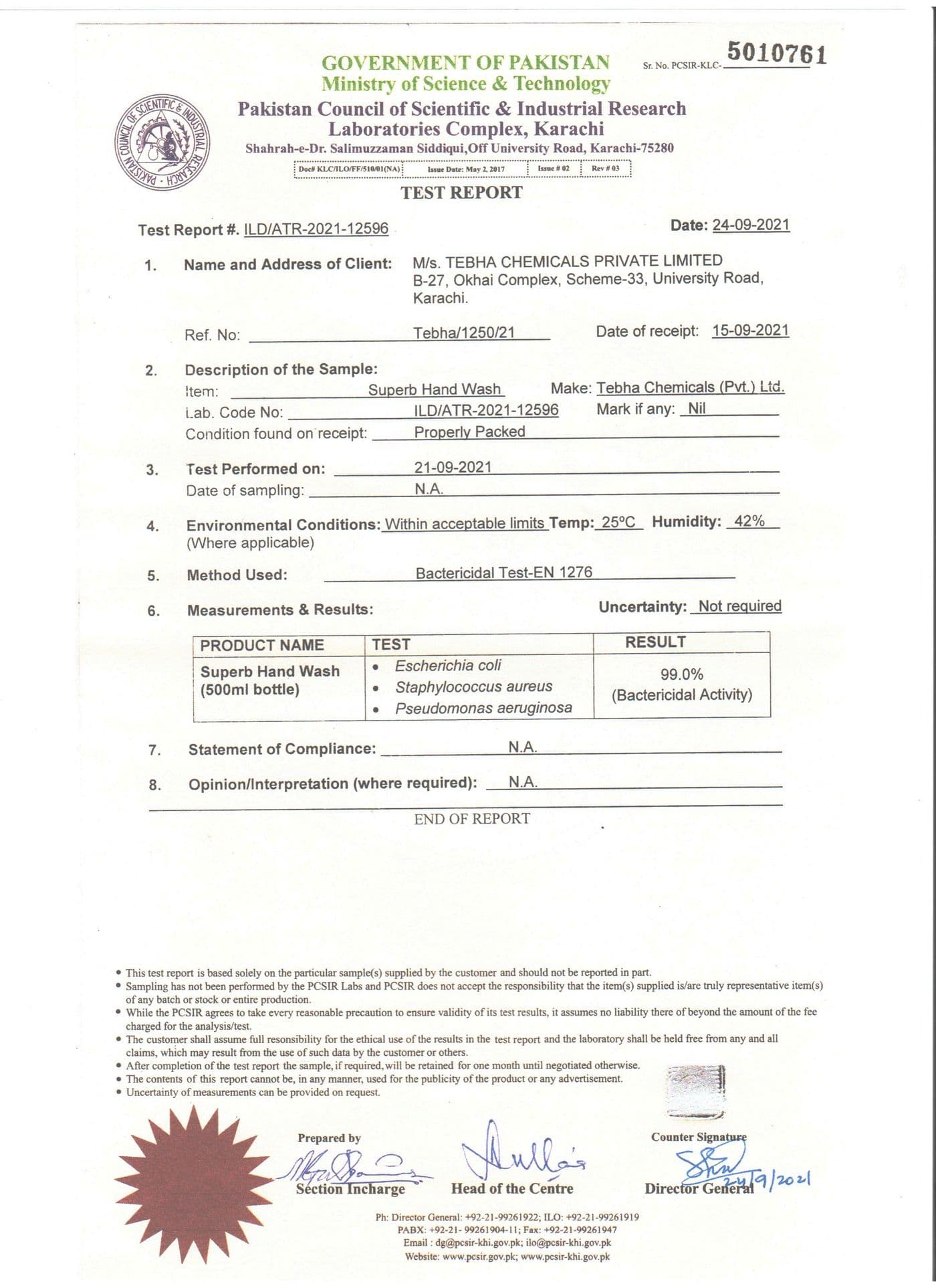 PCSIR Test Report — Superb Hand Wash