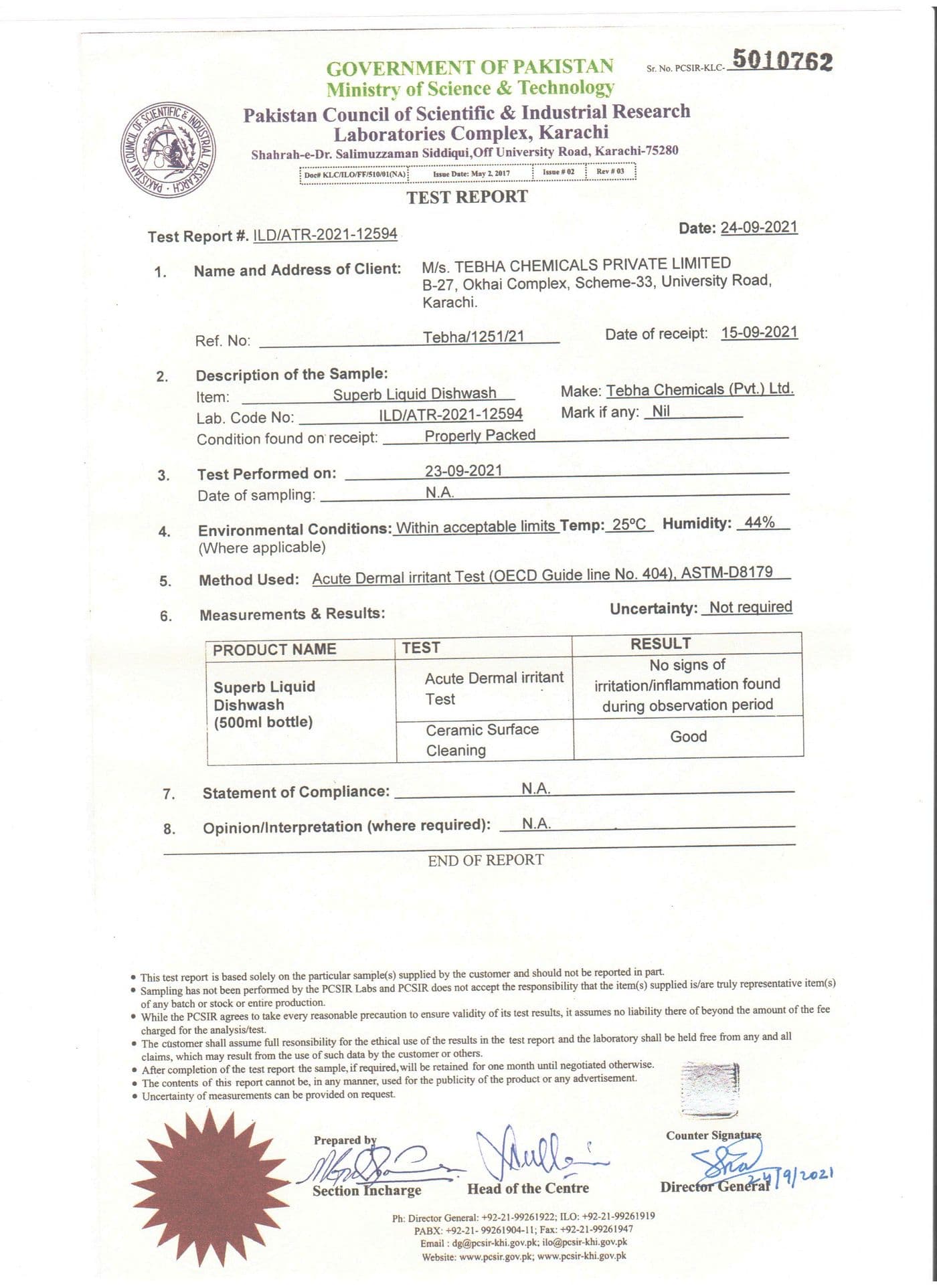 PCSIR Test Report — Liquid Dishwash