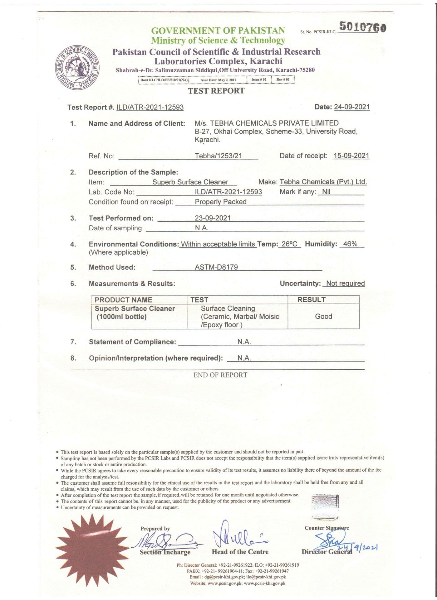 PCSIR Test Report — Surface Cleaner