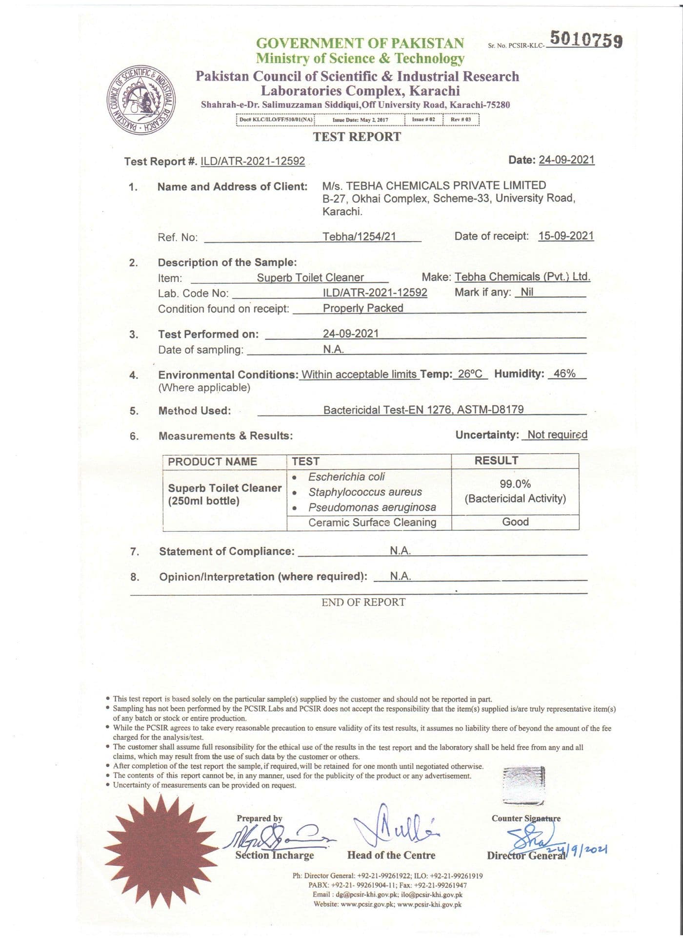 PCSIR Test Report — Toilet Cleaner