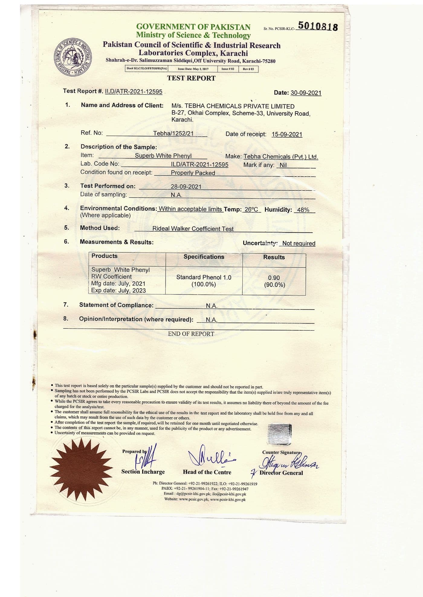 PCSIR Test Report — White Phenyl