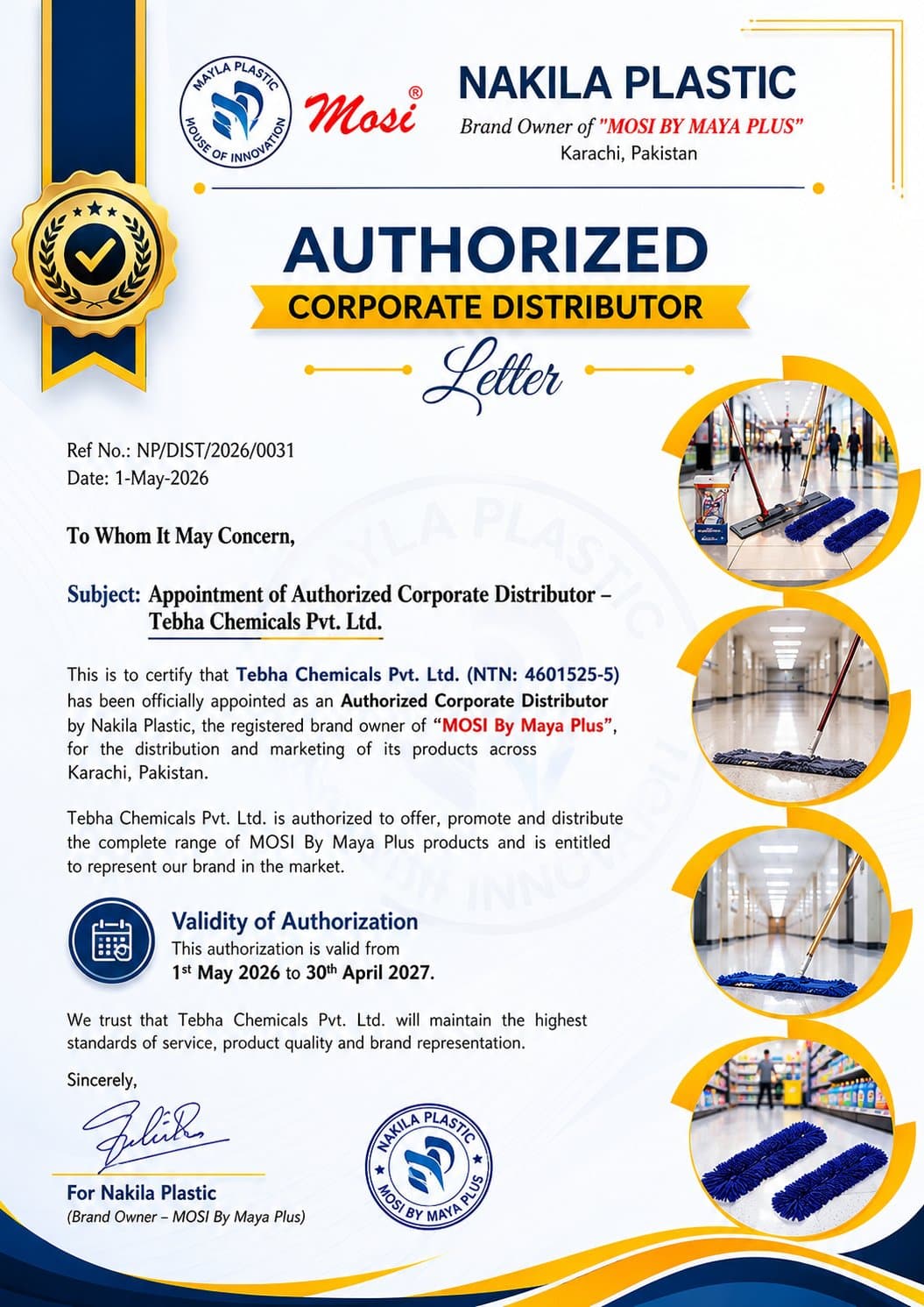 Nakila Plastic authorized corporate distributor letter appointing Tebha Chemicals Pvt. Ltd.